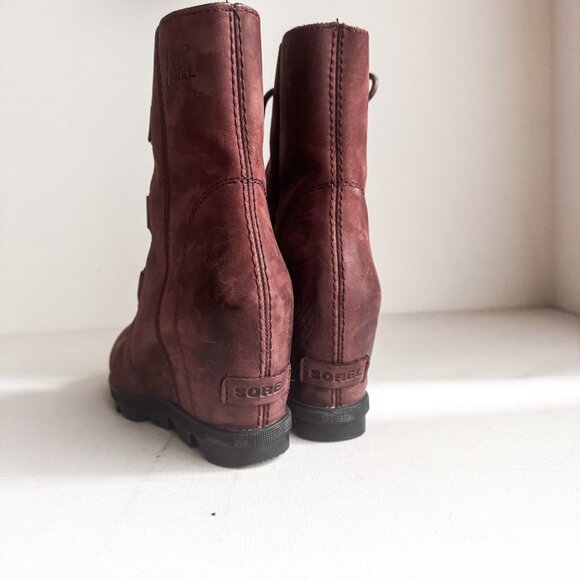 Sorel Joan of Arctic Suede Burgundy Plum Wedge Heel Boots 8 - Picture 2 of 6